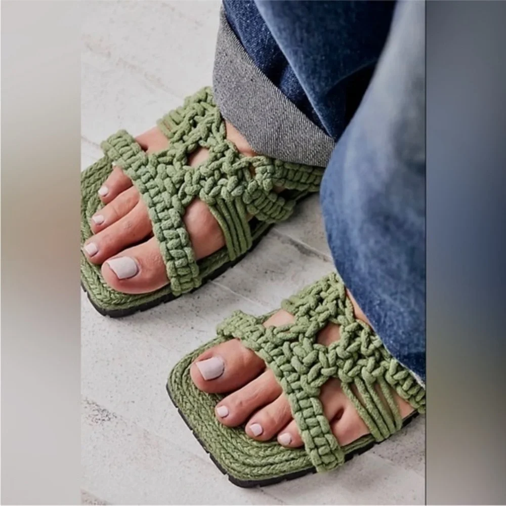 Free People Sandri Macrame Sandals in Olive Green Womens EU 37.5/ US 7